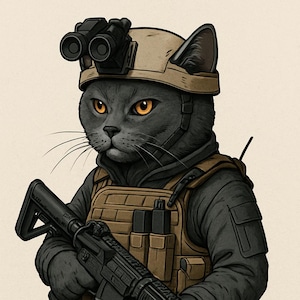Puede incluir: Un gato gris con un casco marrón con un visor de visión nocturna, un chaleco táctico marrón y una chaqueta táctica negra, sosteniendo un rifle negro.