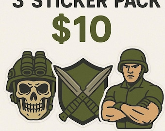 Puede incluir: Un paquete de pegatinas con tres diseños de temática militar. Incluye una calavera con casco, un escudo con cuchillos cruzados y un soldado con los brazos cruzados. El texto "3 STICKER PACK" y "$10" se muestra encima.