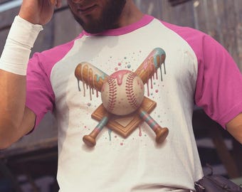 May include: A baseball-themed graphic tee with a baseball and crossed bats design. The shirt has a white body and pink sleeves. The person is wearing a pink baseball cap, a pink belt, and white pants. A baseball glove is held in the right hand.