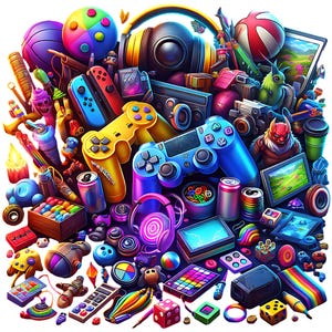 Könnte beinhalten: Eine lebendige Illustration mit einer Sammlung von Gaming-Zubehör und Elektronik. Enthält Gamecontroller, Kopfhörer, ein Tablet und verschiedene andere farbenfrohe Gegenstände. Das Bild ist eine Mischung aus leuchtenden Farben und detaillierten Designs.