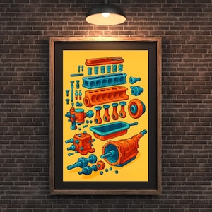 May include: Framed illustration of disassembled engine components in orange, blue, and red against a yellow background. The artwork includes pistons, a cylinder head, and a transmission, all with a cartoon-like style.