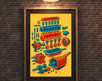 May include: Framed illustration of disassembled engine components in orange, blue, and red against a yellow background. The artwork includes pistons, a cylinder head, and a transmission, all with a cartoon-like style.