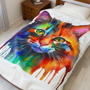 Lebendige Katzen-Kunst-Plüsch-Decke | Gemütlicher Katzenliebhaber Geschenk, Bunter Samtwurf, Warmer Haustier Dekor, Bunte Aquarell Katzendecke (3 Größen)
