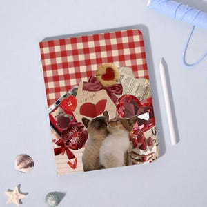 May include: A notebook with a red and white checkered pattern background. The notebook features a collage of romantic elements, including two kissing cats, hearts, a bow, and the text "I love you!"