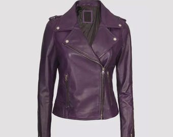 Women's Purple Leather Jacket Vintage Style fully Lined