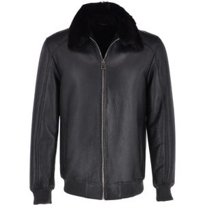 Luxury Sheepskin Pilot Bomber Jacket: Black Leather Aviator Coat with Fur Collar