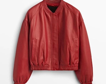 Women's Red Leather Jacket : Vintage Bomber Jacket fully Lined