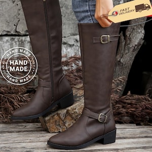 Vintage Buckle Knee High Boots for Women – Stylish Riding Boots with Side Zipper, Round Toe & Block Heel | All-Day Comfort Fashion Boots