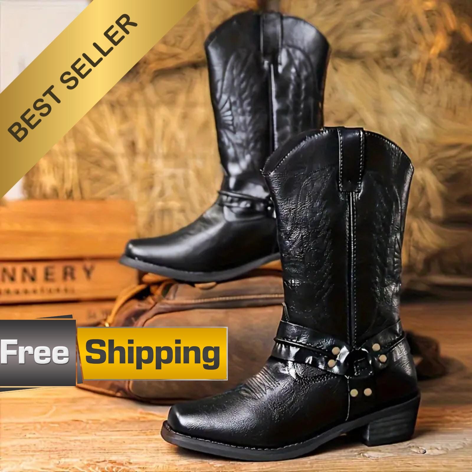 Black Faux Leather Cowboy Boots: Western Rodeo Style - Men & Women