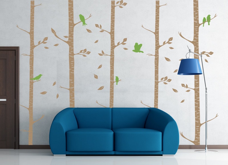 Birch Trees Wall Decal Birch Trees with Birds Wall Sticker Etsy