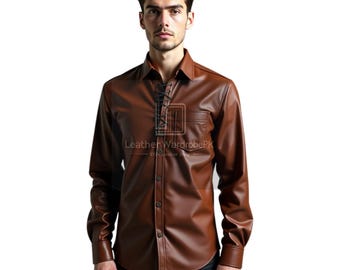 May include: A long-sleeved brown leather shirt featuring a pointed collar, a front button placket, and a lace-up detail at the neckline. The shirt includes a single chest pocket on the left side and displays the text Leather WardrobePK.