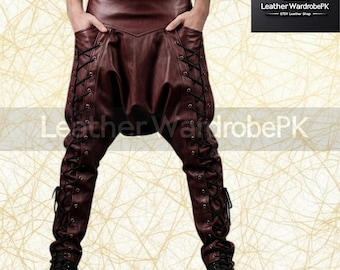 Dark Red Leather Harem Pants – Gothic Lace-Up Drop Crotch Cosplay Trousers