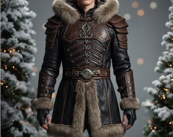 Abrigo medieval de piel auténtica para cosplay: atuendo de fantasía invernal – Repujado y con ribete de piel sintética.