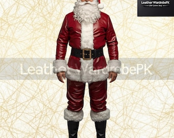 May include: A Santa Claus costume featuring a red leather jacket and pants with white faux fur trim. The outfit includes a black belt with a gold buckle, a red hat, and black boots. The image includes the text "Leather WardrobePK".