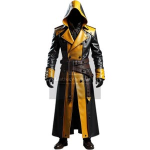 May include: A black and yellow hooded leather coat with a double-breasted design. The coat features a belt, decorative buttons, and a long, flowing silhouette. The text "Leather Warehouse K" is visible on the coat.