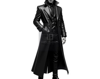 Schwarzer Leder Trenchcoat mit Schnallen und Riemen