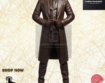 The Enforcer – Full-Length Brown Leather Combat Ensemble - The Dusk Raider – Tactical Gothic Trench Suit Set