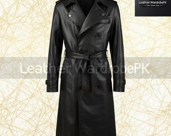 Handmade Black Leather Trench Coat: Gothic Style Outerwear
