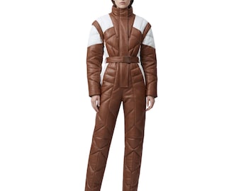 Women's Brown Leather Jumpsuit | Handmade Quilted Leather Bodysuit | Belted Leather Catsuit | Fashion & Cosplay Outfit