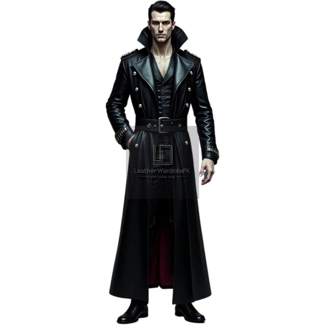 ブラックレザートレンチコート ゴシック ロングベルト 未来的スタイル