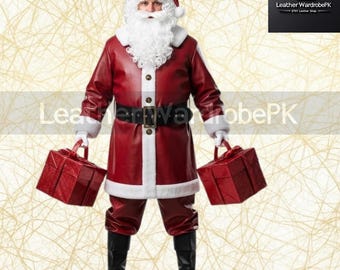 May include: A Santa Claus costume with a red leather-like jacket, pants, and hat, trimmed with white faux fur. The costume includes a black belt and boots. Santa holds two red gift boxes.