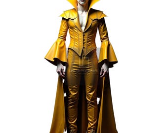 Men’s yellow Leather Trench Coat – High Collar and Cape Design