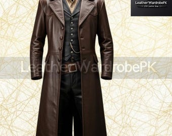 Vintage Brown Leather Long Coat: Gothic Steampunk Trench Coat