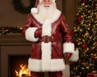 May include: A Santa Claus costume with a burgundy leather-like jacket, pants, and hat, trimmed with white faux fur. The costume includes a wide brown belt with a gold buckle and matching gloves. A Christmas tree and fireplace are in the background.