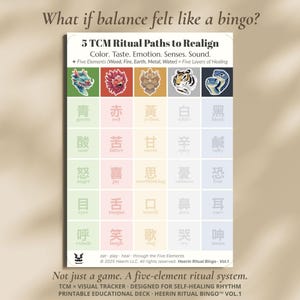 Peut inclure: Une carte blanche avec une grille de carrés colorés, chacun avec un mot et une image correspondante. Le titre de la carte est "5 TCM Ritual Paths to Realign". Le texte en bas dit "Not just a game. A five-element ritual system."