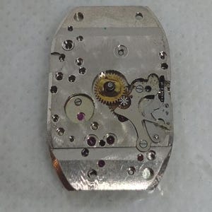 May include: Close-up of a watch movement, showcasing intricate gears, jewels, and metal components. The silver-colored base holds a complex arrangement of small parts, including a gold-colored gear and several red jewels. The overall design is rectangular with rounded edges.