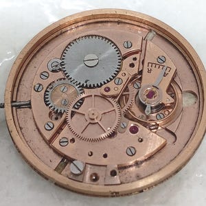 May include: Close-up of a watch movement with intricate gears, wheels, and ruby jewels. The metal components are in shades of gold and silver, showcasing the internal mechanics of a timepiece. The image highlights the precision engineering of the watch.