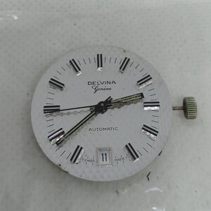 May include: A silver watch face with black and silver hour markers and hands. The watch face features the text "DELVINA Gen&egrave;ve AUTOMATIC" and a date window showing the number 11. A textured crown is visible on the right side.