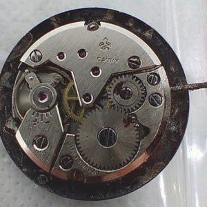 May include: Close-up of a watch movement with visible gears, screws, and a balance wheel. The metal components are silver and gold-toned, with the word "CAUNY" visible. The watch mechanism is set against a dark, circular frame.