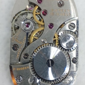 May include: Close-up of a Gruen Watch Co. watch movement. The silver-toned mechanism features gears, jewels, and screws. The text "FIFTEEN 15 JEWELS" is visible. The watch movement is rectangular with rounded edges.
