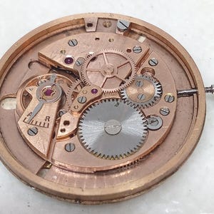 May include: Close-up of a watch movement with intricate gears, screws, and a winding stem. The metal components are in shades of gold and silver, with small red jewels. The watch mechanism is round and detailed.