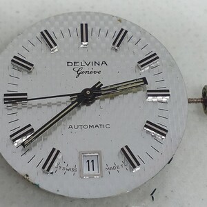 May include: A silver watch face with the text "DELVINA Geneve AUTOMATIC". The watch face features black and silver hour markers and hands. The date is displayed as "11". A green crown is visible on the right side.