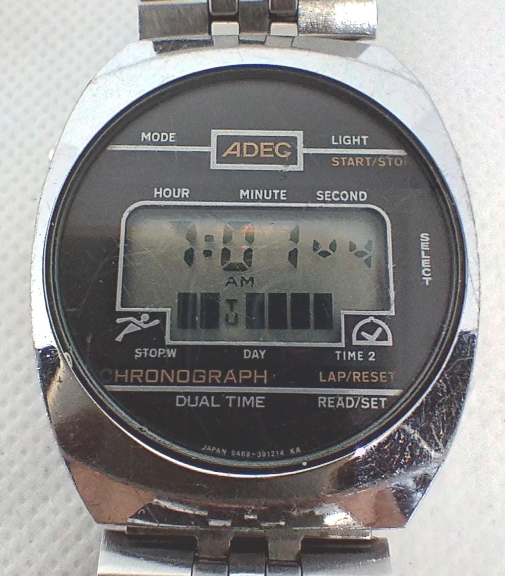 Vintage Digital Watch ADEC 9468 Dual Time Chronograph Japan 80's