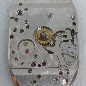 May include: Close-up of a watch movement, showcasing intricate gears, jewels, and metal components. The silver-colored base holds a complex arrangement of small gears, a balance wheel, and several ruby-colored jewels. The watch mechanism is a detailed example of horological engineering.