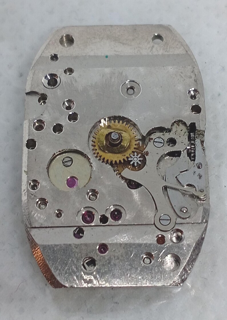 May include: Close-up of a watch movement, showcasing intricate gears, jewels, and metal components. The silver-colored base holds a complex arrangement of small gears, a balance wheel, and several ruby-colored jewels. The watch mechanism is a detailed example of horological engineering.
