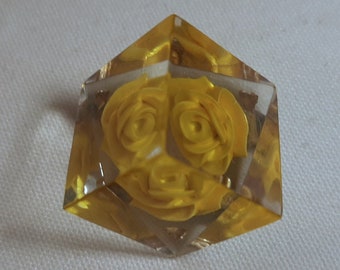 Vintage Chunky Lucite Cube Brooch with Reverse-Carved Yellow Rose