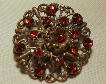 Vintage 1940's Filigree Brooch with Red Rhinestones, "C" Clasp