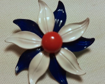 Vintage 1960's Enamel Flower Brooch, Red, White and Blue