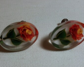 Vintage Reverse Carved Screw-Back Earrings with Red Rose Motif