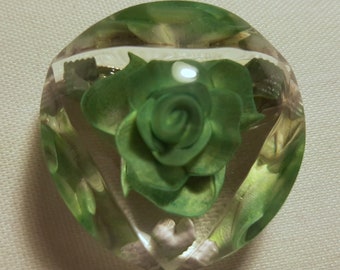 Vintage Reverse-Carved Lucite Brooch with Green Rose