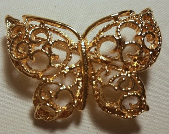Vintage Gold Tone filigree Butterfly Brooch