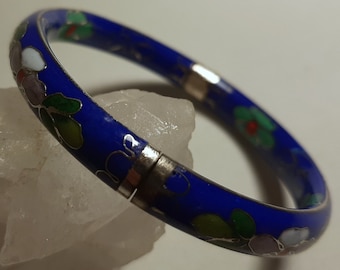 Vintage Blue Cloisonné  Hinged Bangle Bracelet with Floral Motif