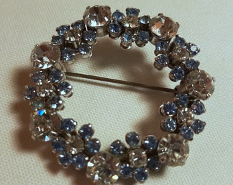 Vintage Blue and Clear Rhinestone Wreath / Circle Brooch, Silver Tone Metal