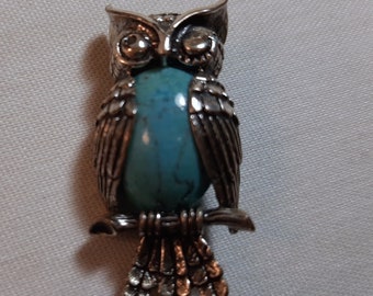 Vintage BEAU STERLING Owl Brooch with Blue Glass Cabochon