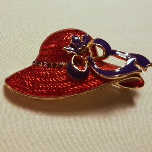 Red Hat Society Brooch with Purple Ribbon and Rhinestones