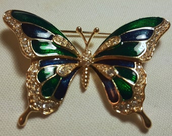 Vintage Butterfly Brooch with Blue and Green Enamel and Rhinestones